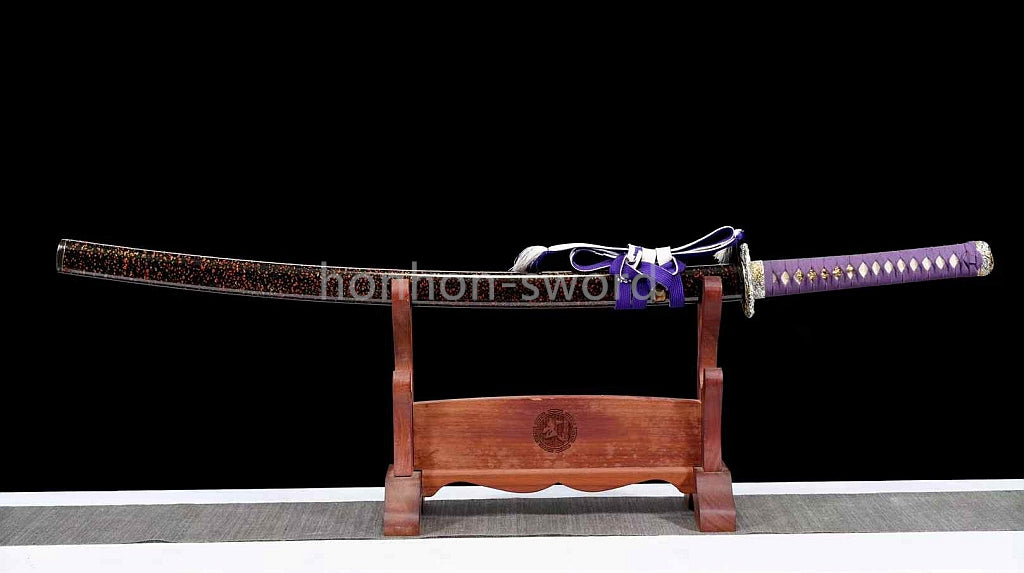 Japanisches Samurai-Schwert Katana aus schwarzem gefaltetem Stahl, Full Tang, handgefertigt, scharfe Klinge, schwarz 