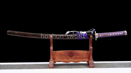 Japanisches Samurai-Schwert Katana aus schwarzem gefaltetem Stahl, Full Tang, handgefertigt, scharfe Klinge, schwarz 