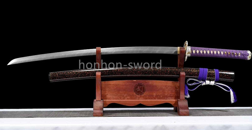 Japanisches Samurai-Schwert Katana aus schwarzem gefaltetem Stahl, Full Tang, handgefertigt, scharfe Klinge, schwarz 
