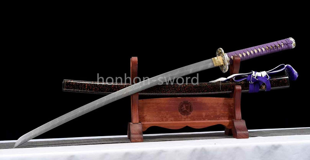 Japanisches Samurai-Schwert Katana aus schwarzem gefaltetem Stahl, Full Tang, handgefertigt, scharfe Klinge, schwarz 