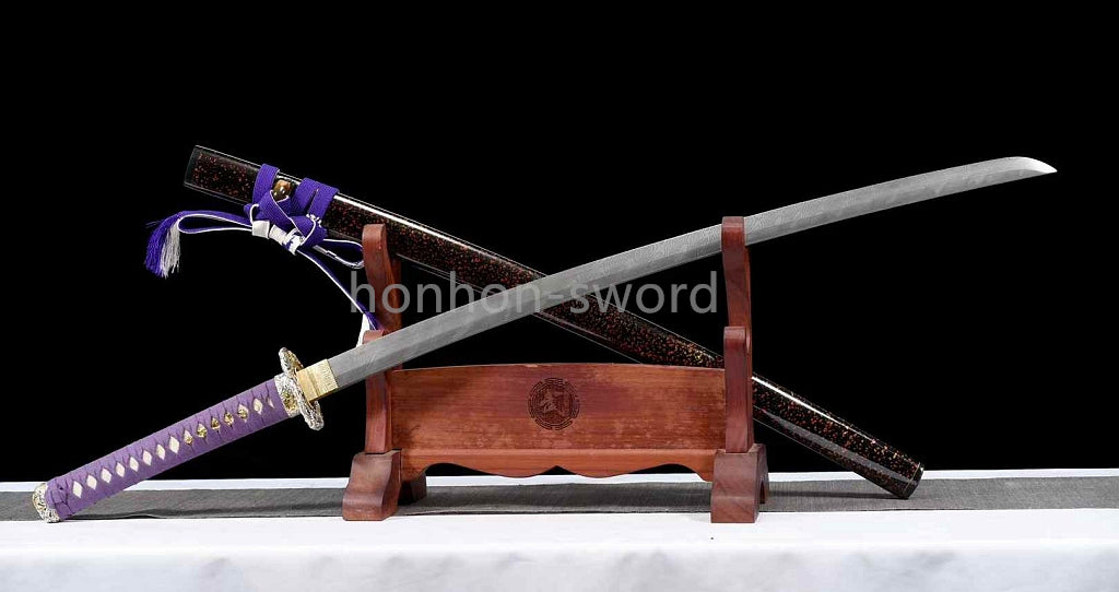 Japanisches Samurai-Schwert Katana aus schwarzem gefaltetem Stahl, Full Tang, handgefertigt, scharfe Klinge, schwarz 