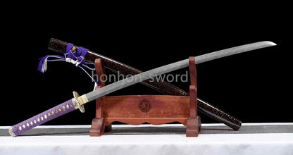 Japanisches Samurai-Schwert Katana aus schwarzem gefaltetem Stahl, Full Tang, handgefertigt, scharfe Klinge, schwarz 