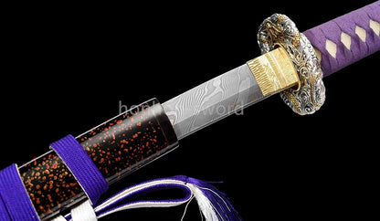 Japanisches Samurai-Schwert Katana aus schwarzem gefaltetem Stahl, Full Tang, handgefertigt, scharfe Klinge, schwarz 