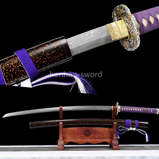 Japanisches Samurai-Schwert Katana aus schwarzem gefaltetem Stahl, Full Tang, handgefertigt, scharfe Klinge, schwarz 