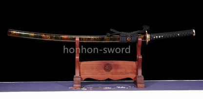 Japanisches Samurai-Schwert Katana aus schwarzem gefaltetem Stahl, Full Tang, handgefertigt, scharfe Klinge, schwarz 