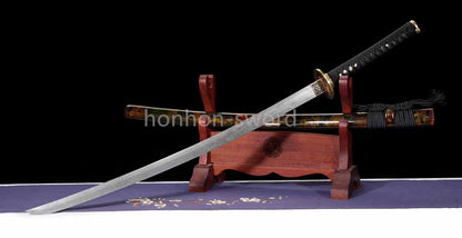 Japanisches Samurai-Schwert Katana aus schwarzem gefaltetem Stahl, Full Tang, handgefertigt, scharfe Klinge, schwarz 