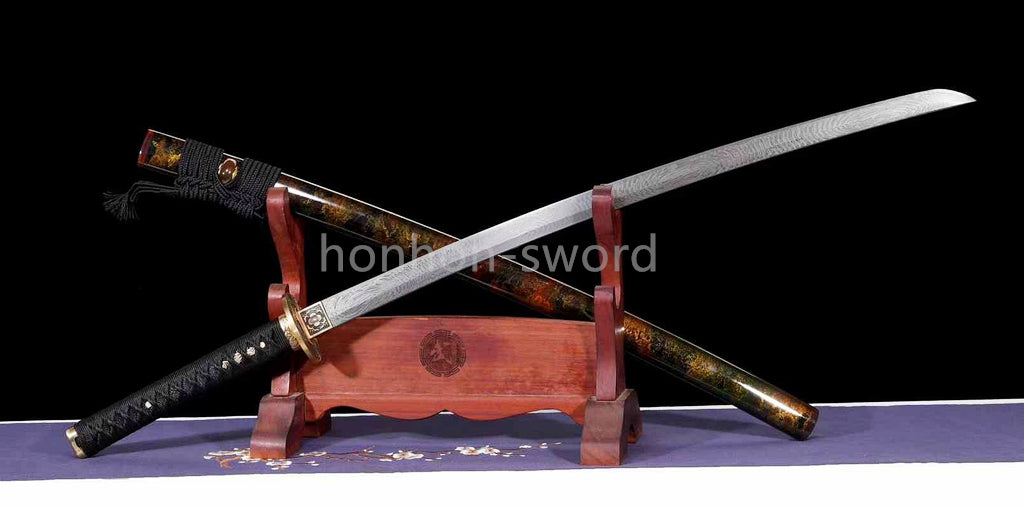 Japanisches Samurai-Schwert Katana aus schwarzem gefaltetem Stahl, Full Tang, handgefertigt, scharfe Klinge, schwarz 