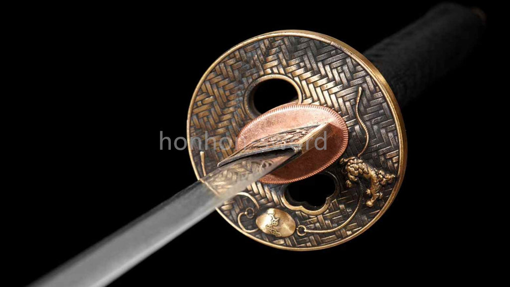 Japanisches Samurai-Schwert Katana aus schwarzem gefaltetem Stahl, Full Tang, handgefertigt, scharfe Klinge, schwarz 