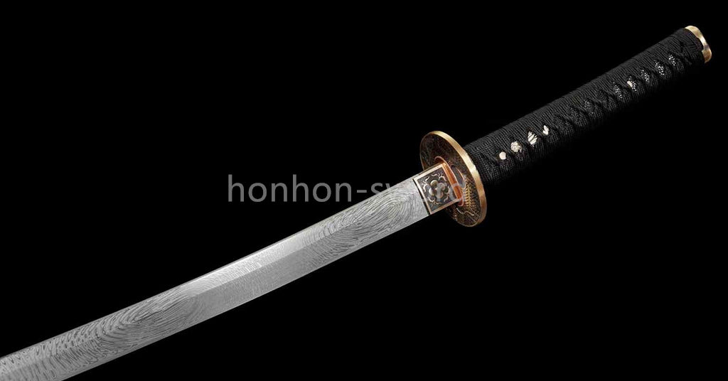 Japanisches Samurai-Schwert Katana aus schwarzem gefaltetem Stahl, Full Tang, handgefertigt, scharfe Klinge, schwarz 
