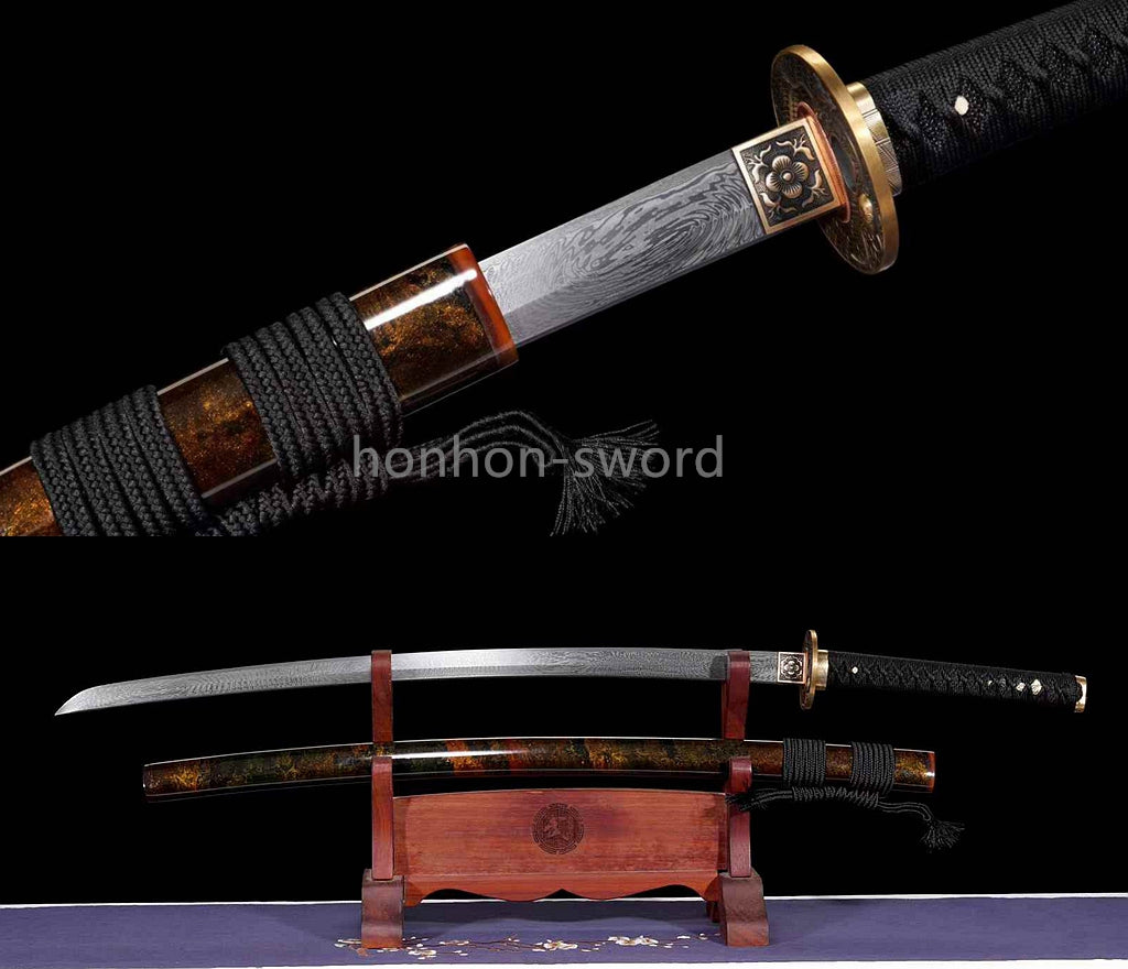 Japanisches Samurai-Schwert Katana aus schwarzem gefaltetem Stahl, Full Tang, handgefertigt, scharfe Klinge, schwarz 