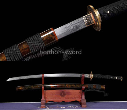 Japanisches Samurai-Schwert Katana aus schwarzem gefaltetem Stahl, Full Tang, handgefertigt, scharfe Klinge, schwarz 