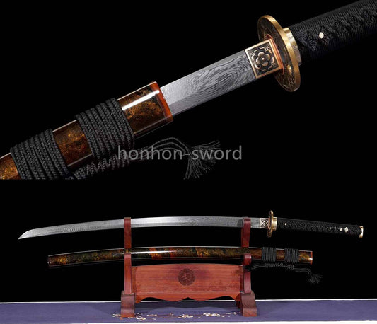 Épée de samouraï japonaise en acier plié noir, katana, lame tranchante faite à la main, noire 