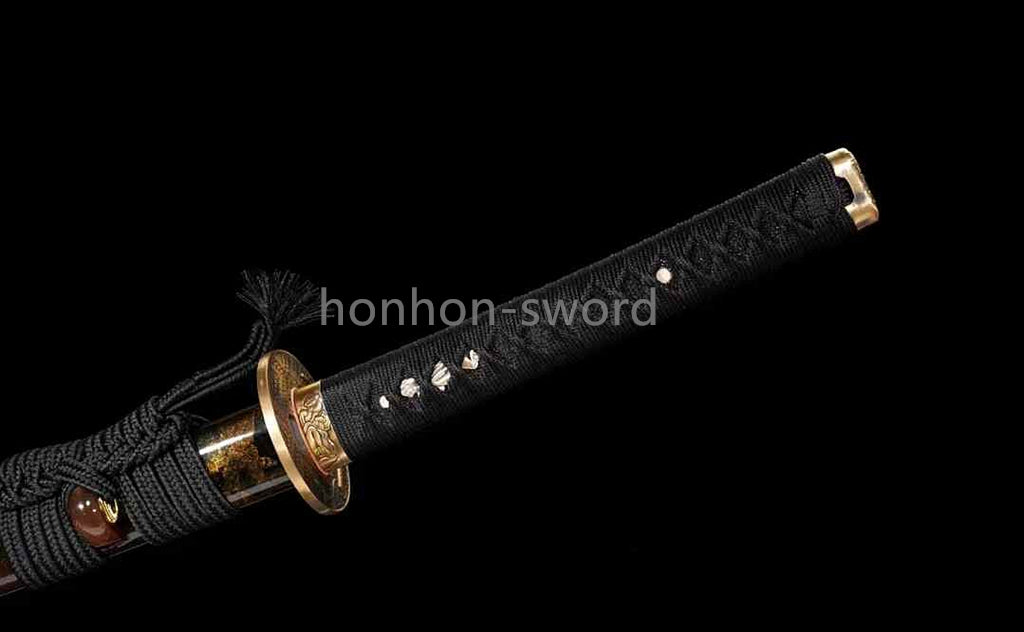 Japanisches Samurai-Schwert Katana aus schwarzem gefaltetem Stahl, Full Tang, handgefertigt, scharfe Klinge, schwarz 