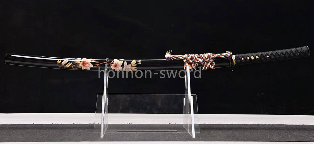 Japanisches Samurai-Schwert Katana aus schwarzem gefaltetem Stahl, Full Tang, handgefertigt, scharfe Klinge, schwarz 