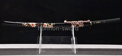 Japanisches Samurai-Schwert Katana aus schwarzem gefaltetem Stahl, Full Tang, handgefertigt, scharfe Klinge, schwarz 