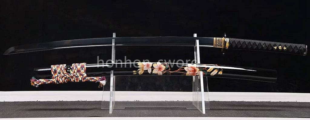 Japanisches Samurai-Schwert Katana aus schwarzem gefaltetem Stahl, Full Tang, handgefertigt, scharfe Klinge, schwarz 