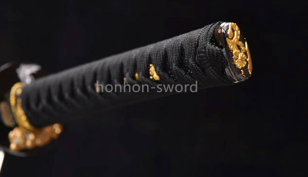 Japanisches Samurai-Schwert Katana aus schwarzem gefaltetem Stahl, Full Tang, handgefertigt, scharfe Klinge, schwarz 