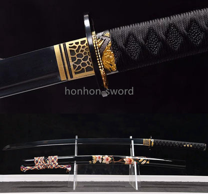 Japanisches Samurai-Schwert Katana aus schwarzem gefaltetem Stahl, Full Tang, handgefertigt, scharfe Klinge, schwarz 