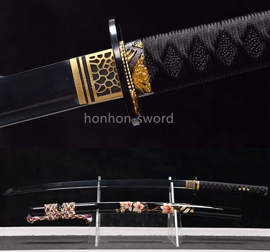 Épée de samouraï japonaise en acier plié noir, katana, lame tranchante faite à la main, noire 