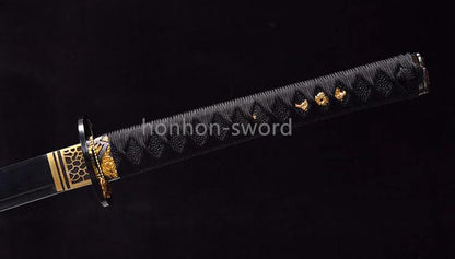 Japanisches Samurai-Schwert Katana aus schwarzem gefaltetem Stahl, Full Tang, handgefertigt, scharfe Klinge, schwarz 