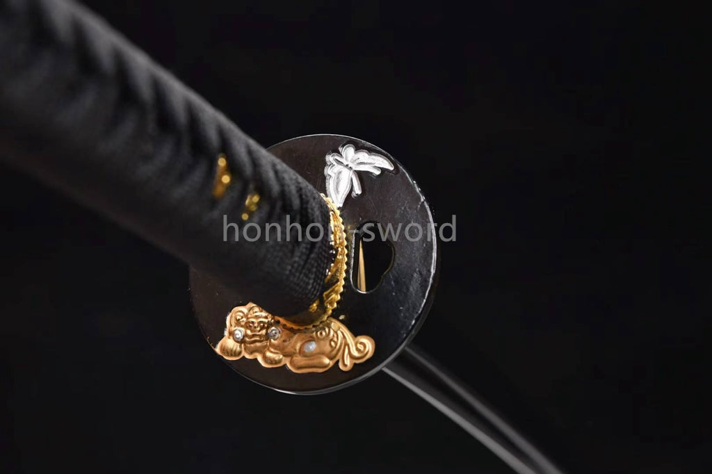 Japanisches Samurai-Schwert Katana aus schwarzem gefaltetem Stahl, Full Tang, handgefertigt, scharfe Klinge, schwarz 