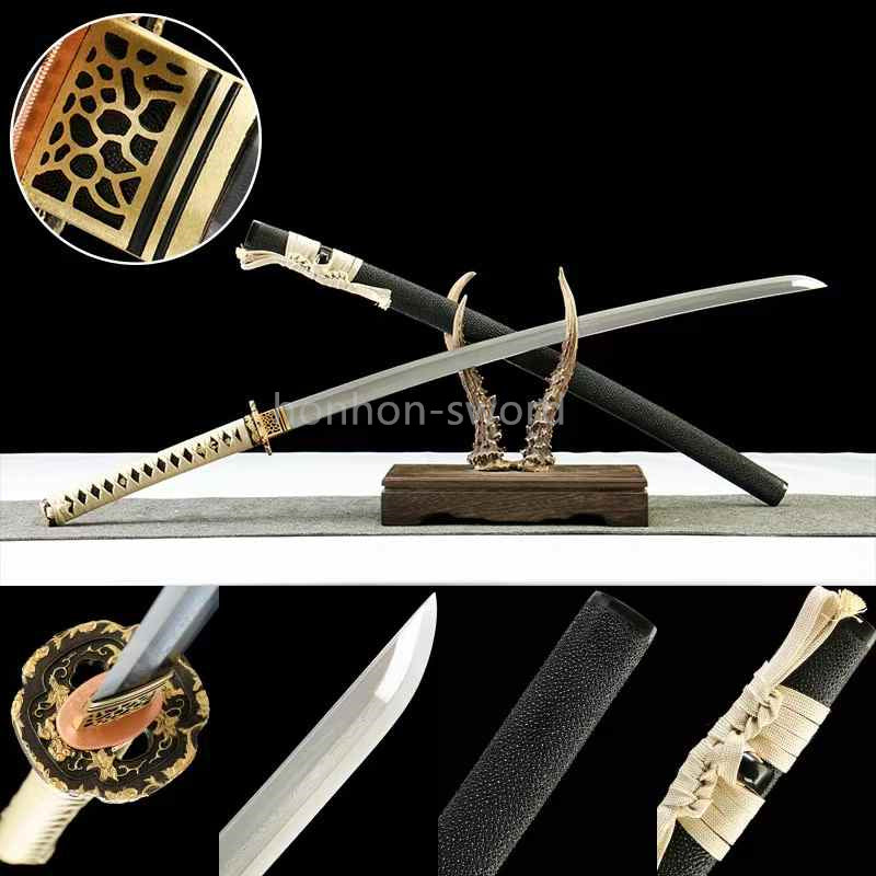 Épée de samouraï japonaise en acier plié noir, katana, lame tranchante faite à la main, noire 