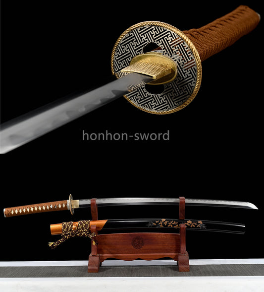 Japanisches Samurai-Schwert Katana aus schwarzem gefaltetem Stahl, Full Tang, handgefertigt, scharfe Klinge, schwarz 