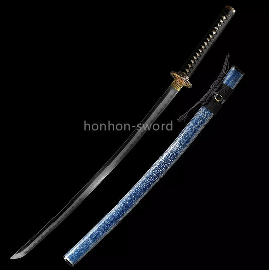 Japanisches Samurai-Schwert Katana aus schwarzem gefaltetem Stahl, Full Tang, handgefertigt, scharfe Klinge, schwarz 