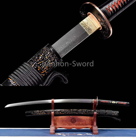 Japanisches Samurai-Schwert Katana aus schwarzem gefaltetem Stahl, Full Tang, handgefertigt, scharfe Klinge, schwarz 