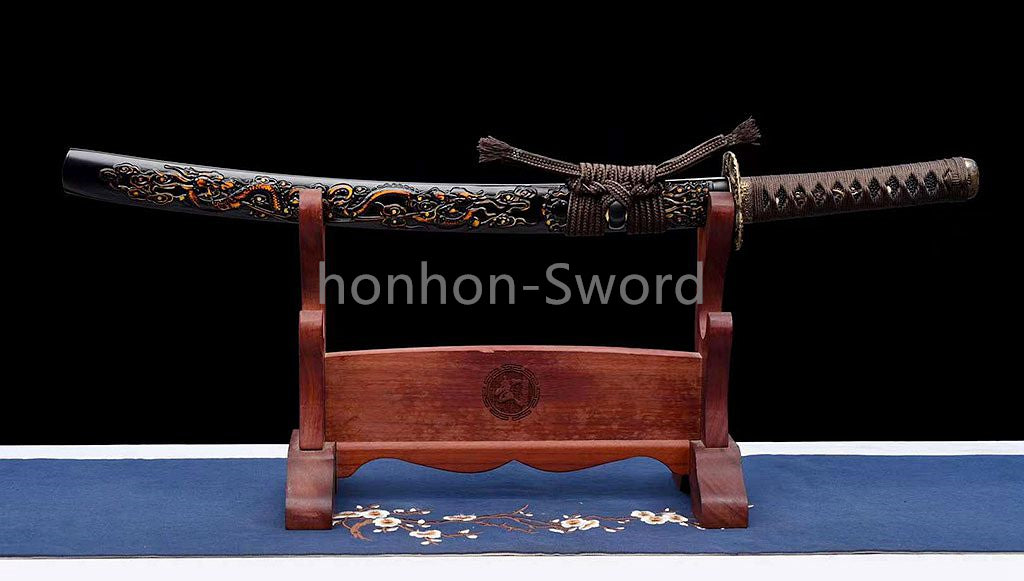20'' Folded Steel Japanese Wakizashi Brass Tsuba embossed dragon sheath Sword