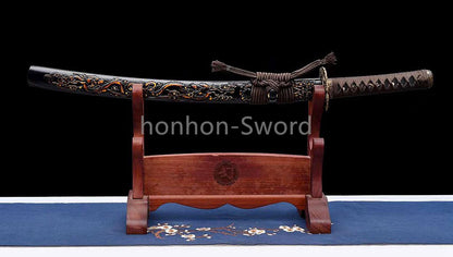 20'' Folded Steel Japanese Wakizashi Brass Tsuba embossed dragon sheath Sword