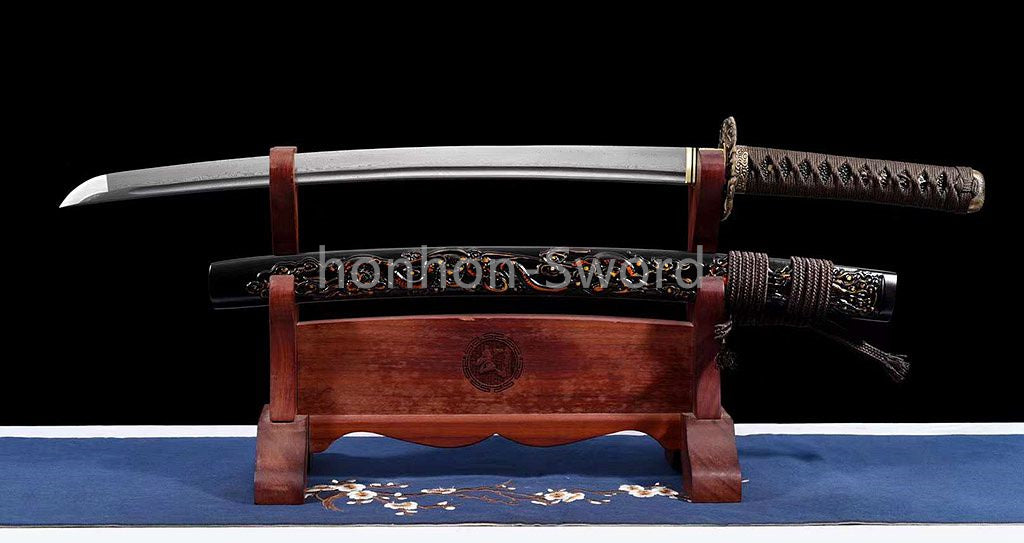 20'' Folded Steel Japanese Wakizashi Brass Tsuba embossed dragon sheath Sword