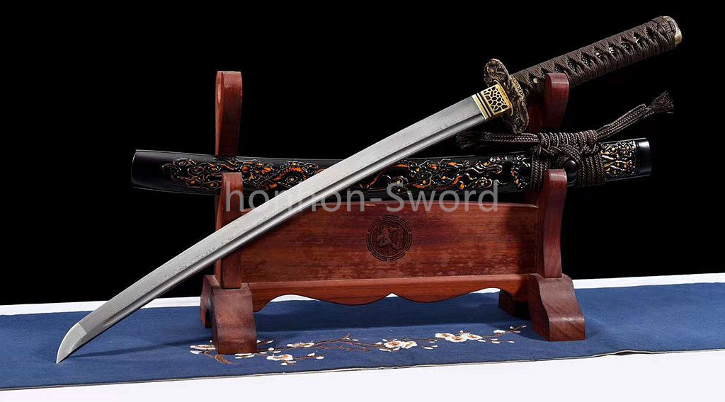 20'' Folded Steel Japanese Wakizashi Brass Tsuba embossed dragon sheath Sword