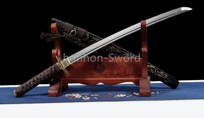 20'' Folded Steel Japanese Wakizashi Brass Tsuba embossed dragon sheath Sword