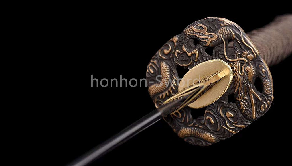 20'' Folded Steel Japanese Wakizashi Brass Tsuba embossed dragon sheath Sword