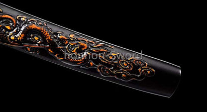 20'' Folded Steel Japanese Wakizashi Brass Tsuba embossed dragon sheath Sword