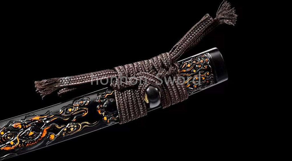 20'' Folded Steel Japanese Wakizashi Brass Tsuba embossed dragon sheath Sword