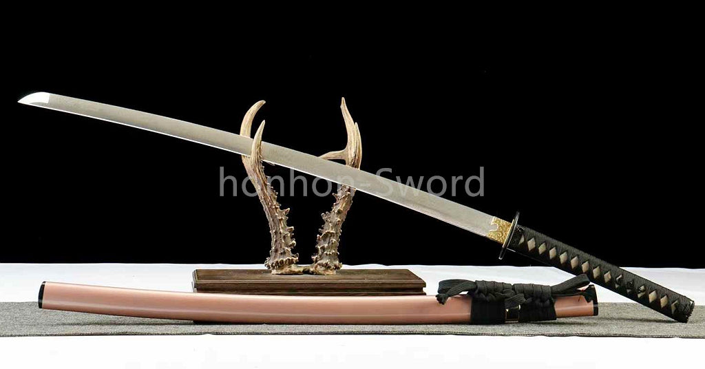 Japanisches Samurai-Schwert Katana aus schwarzem gefaltetem Stahl, Full Tang, handgefertigt, scharfe Klinge, schwarz 