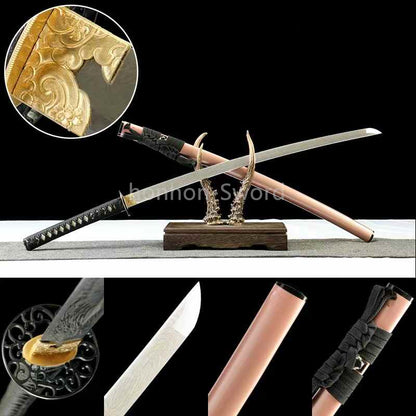 Japanisches Samurai-Schwert Katana aus schwarzem gefaltetem Stahl, Full Tang, handgefertigt, scharfe Klinge, schwarz 