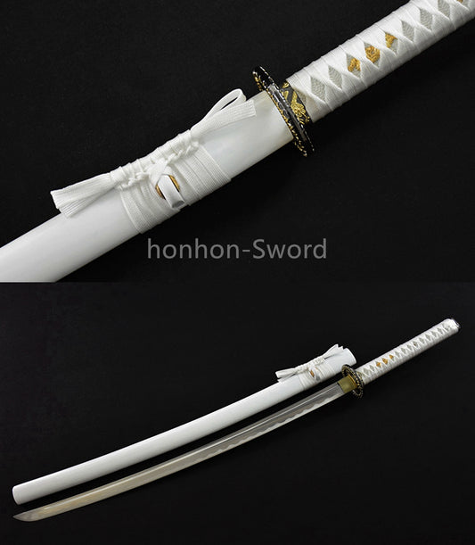 White Japanese Katana Carbon Steel Full Tang Samurai Sword Sharp Battle Ready