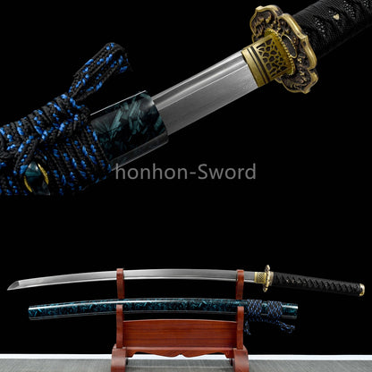 Épée de samouraï japonaise en acier plié noir, katana, lame tranchante faite à la main, noire 