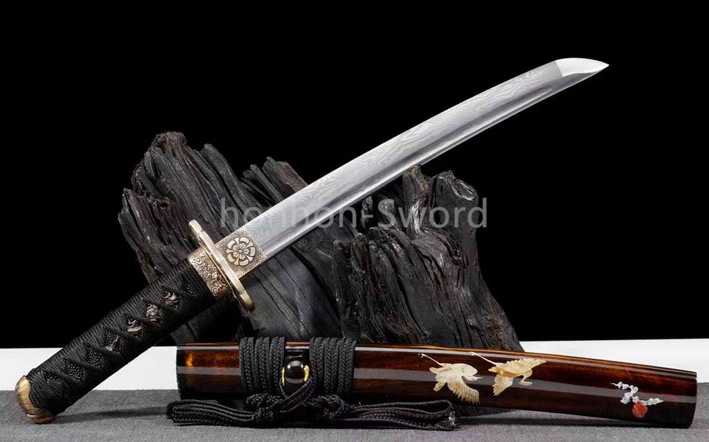 Japanese Tanto Damascus Folded Steel 12inch Mini Sword Brass Tsuba Full Tang