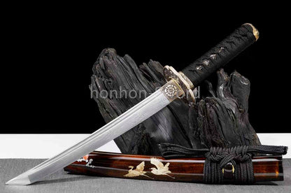 Japanese Tanto Damascus Folded Steel 12inch Mini Sword Brass Tsuba Full Tang