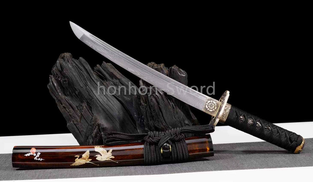 Japanese Tanto Damascus Folded Steel 12inch Mini Sword Brass Tsuba Full Tang