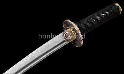 Japanese Tanto Damascus Folded Steel 12inch Mini Sword Brass Tsuba Full Tang