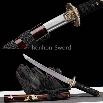 Japanese Tanto Damascus Folded Steel 12inch Mini Sword Brass Tsuba Full Tang