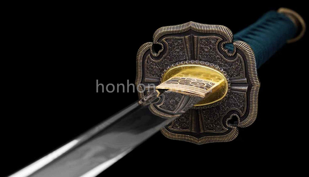 Japanisches Samurai-Schwert Katana aus schwarzem gefaltetem Stahl, Full Tang, handgefertigt, scharfe Klinge, schwarz 