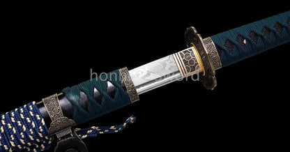 Japanisches Samurai-Schwert Katana aus schwarzem gefaltetem Stahl, Full Tang, handgefertigt, scharfe Klinge, schwarz 