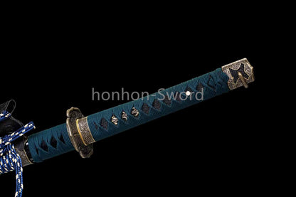 Japanisches Samurai-Schwert Katana aus schwarzem gefaltetem Stahl, Full Tang, handgefertigt, scharfe Klinge, schwarz 