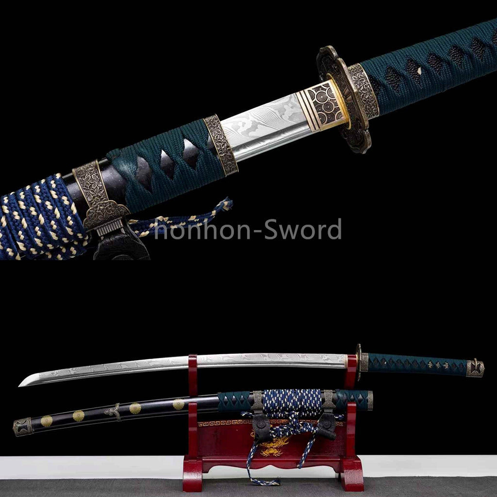 Japanisches Samurai-Schwert Katana aus schwarzem gefaltetem Stahl, Full Tang, handgefertigt, scharfe Klinge, schwarz 